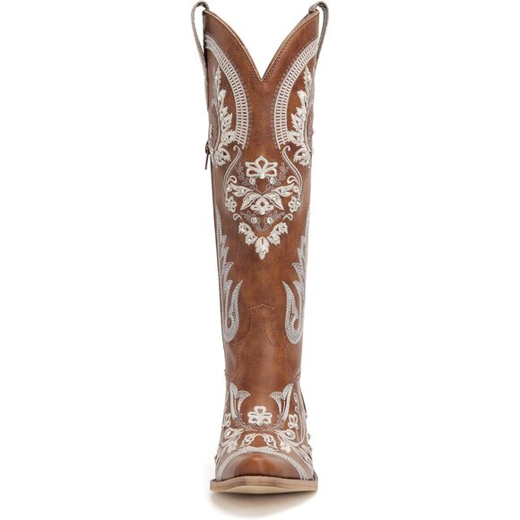 Women's Brown Embroidered Rhinestones Knee High Pointed Toe Cowgirl Boots - Picture 4 of 7